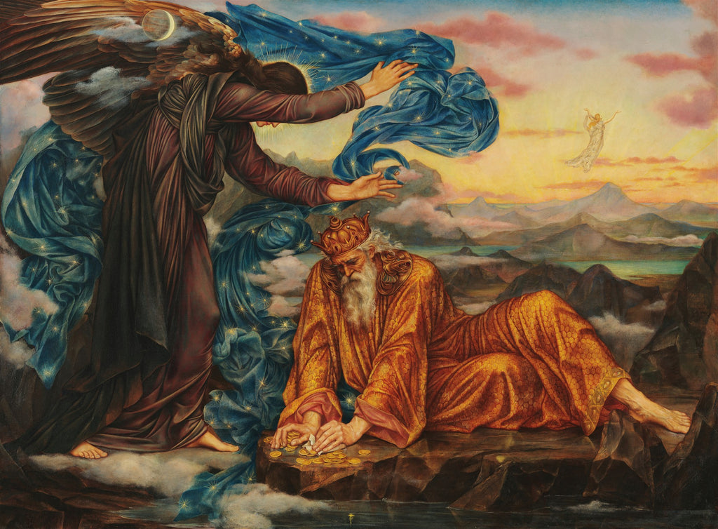 Quadro 'O Anjo da Morte' de Evelyn De Morgan. Um anjo alado azul-escuro e marrom, com uma lua crescente na cabeça, sobrevoa um rei idoso de coroa dourada, que está sentado em rochas, contando moedas de ouro. O anjo remove um tecido azul estrelado, enquanto ao fundo, montanhas e um pôr do sol avermelhado com uma figura etérea branca completam a cena.