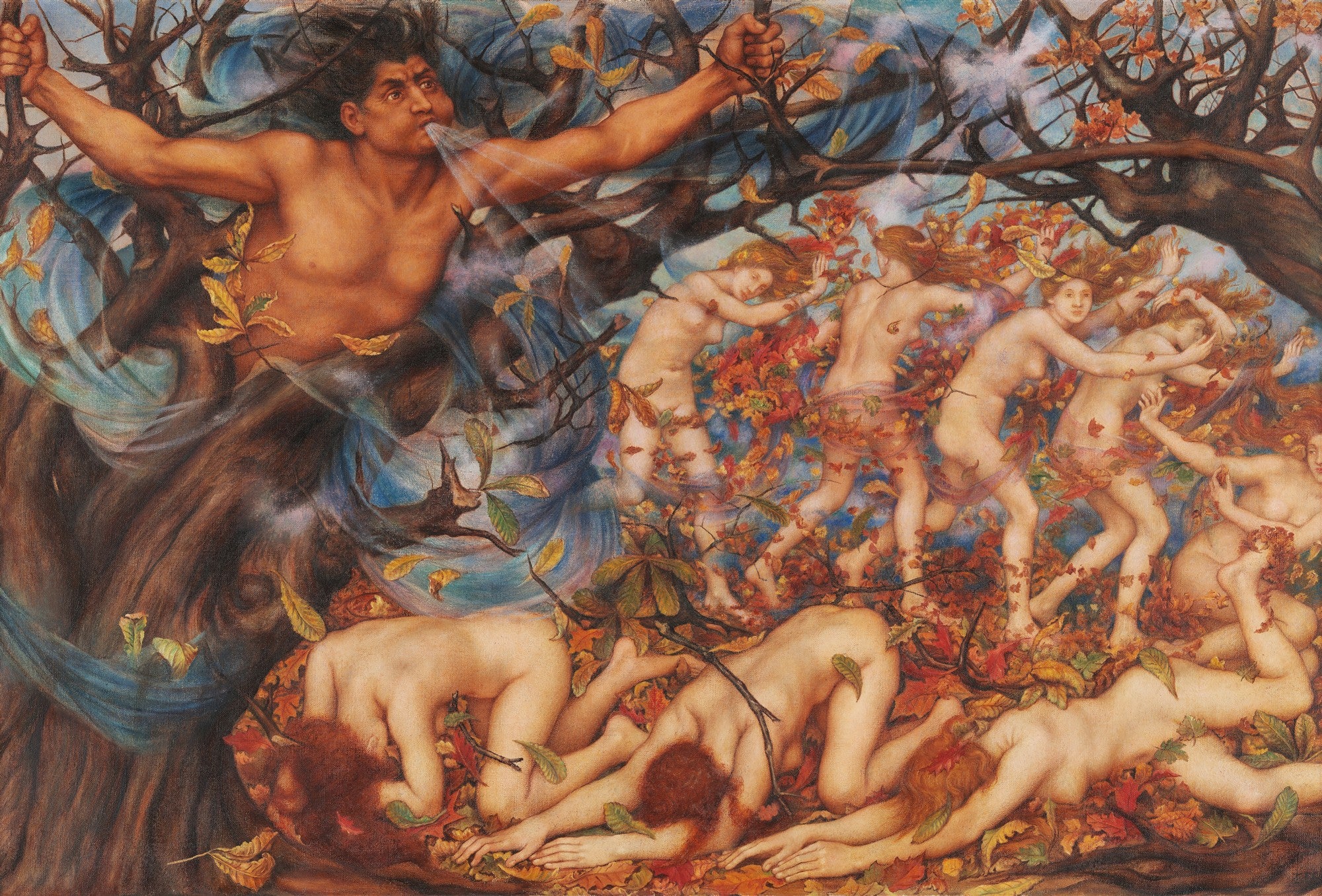 Pintura a óleo de Evelyn De Morgan, 'Boreas e as Ninfas do Outono', retratando o deus do vento Boreas soprando sobre ninfas nuas em meio a um turbilhão de folhas de outono.
