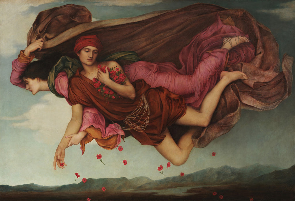 Quadro decorativo 'Noite e Sono' de Evelyn De Morgan, com duas figuras etéreas flutuando sobre uma paisagem, uma espalhando flores de papoula