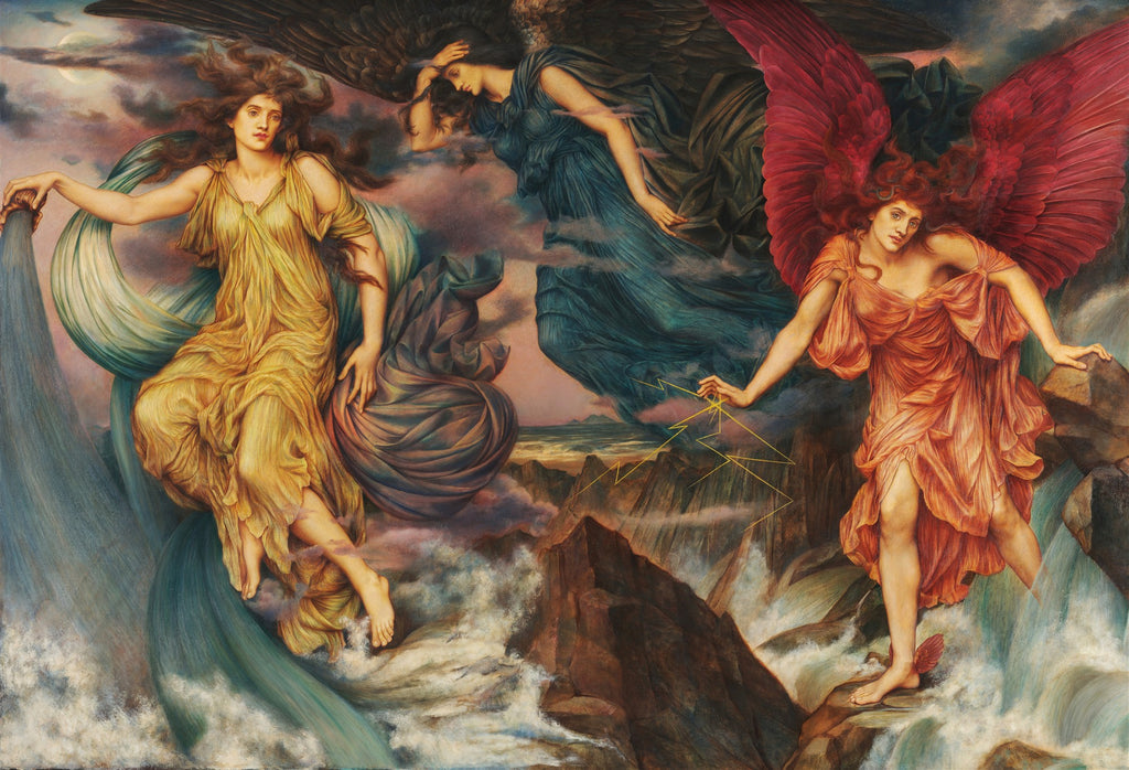 Pintura 'As Filhas do Mar' de Evelyn De Morgan, representando três figuras femininas aladas, uma em dourado, uma em azul e outra em vermelho, em meio a nuvens e ondas do mar, com raios dourados em suas mãos.