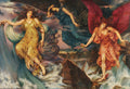 Pintura 'As Filhas do Mar' de Evelyn De Morgan, representando três figuras femininas aladas, uma em dourado, uma em azul e outra em vermelho, em meio a nuvens e ondas do mar, com raios dourados em suas mãos.