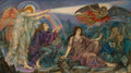 Quadro decorativo com pintura de Evelyn De Morgan, "A Luz Que Vence as Trevas", mostrando um anjo alado estendendo um arco-íris a uma mulher, enquanto outras figuras sofrem em um cenário sombrio e uma criatura demoníaca voa acima.
