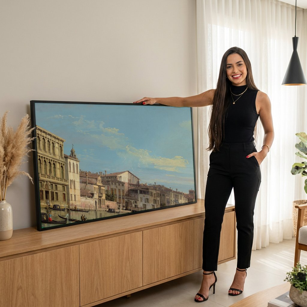 Quadro Decorativo O Grande Canal, Veneza - Canaletto com modelo em ambiente