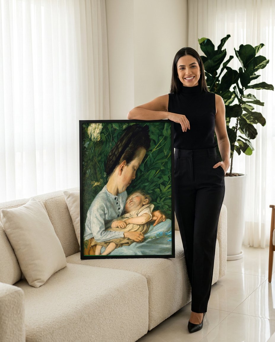 Quadro Decorativo Maternidade e Natureza - Hans Thoma com modelo em ambiente
