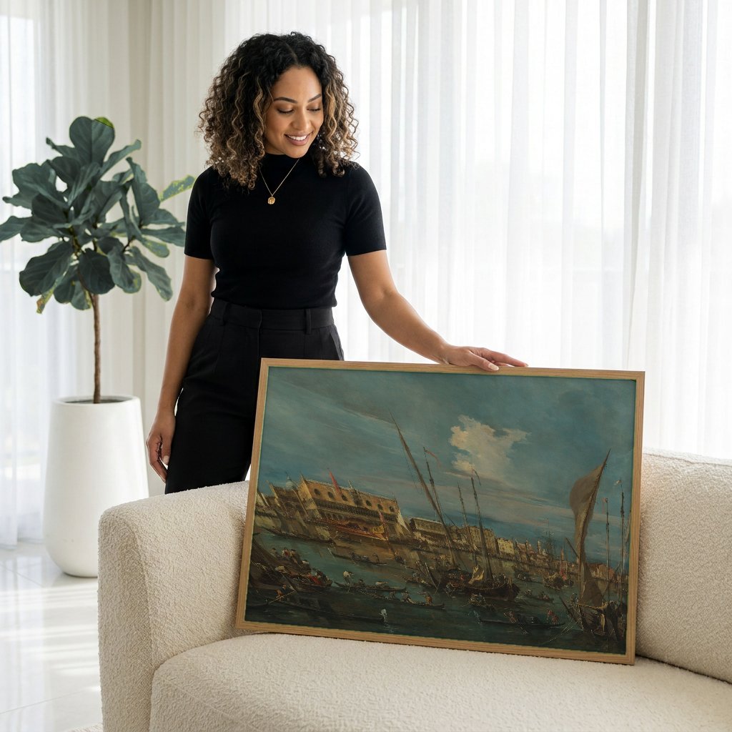 Quadro Decorativo Canal Grande em Veneza - Francesco Guardi com modelo em ambiente