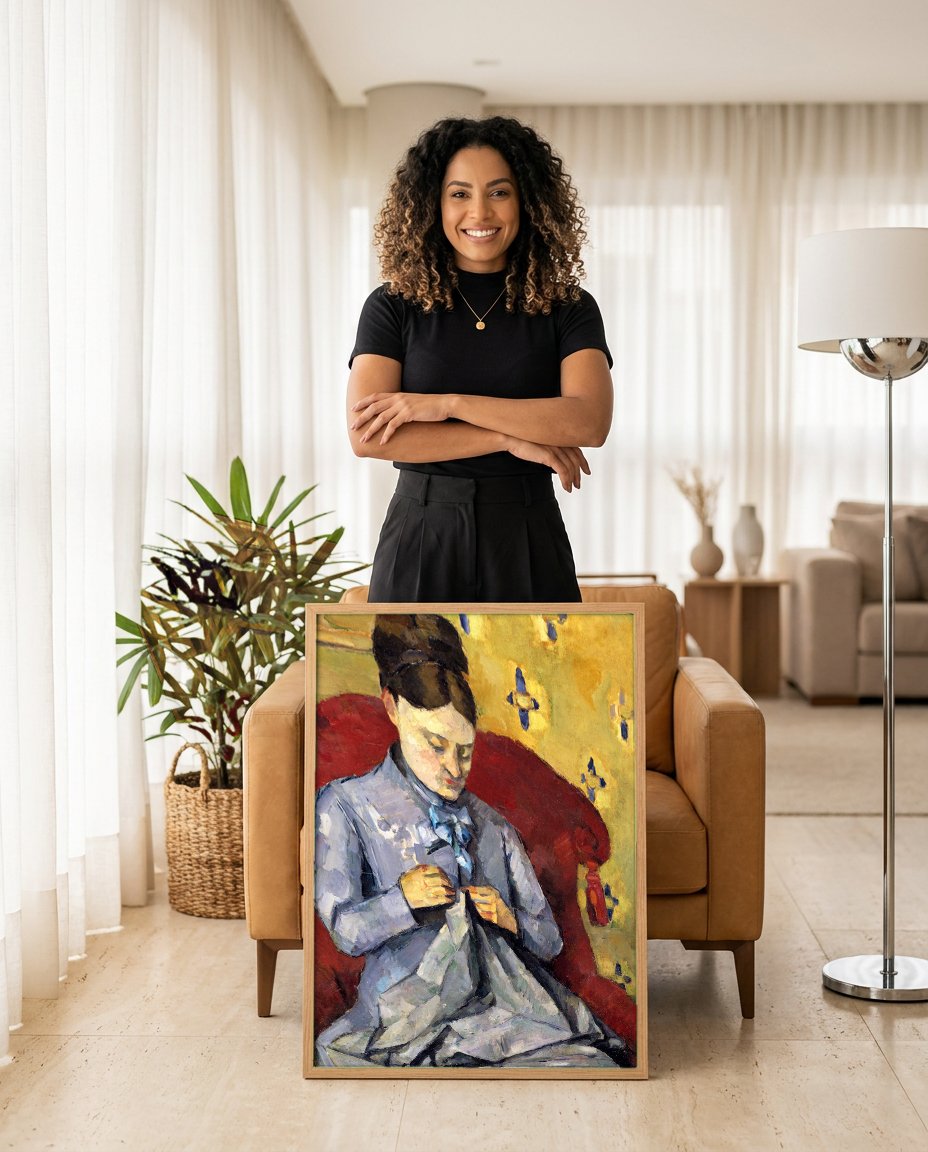 Quadro Decorativo A Costureira - Paul Cézanne com modelo em ambiente
