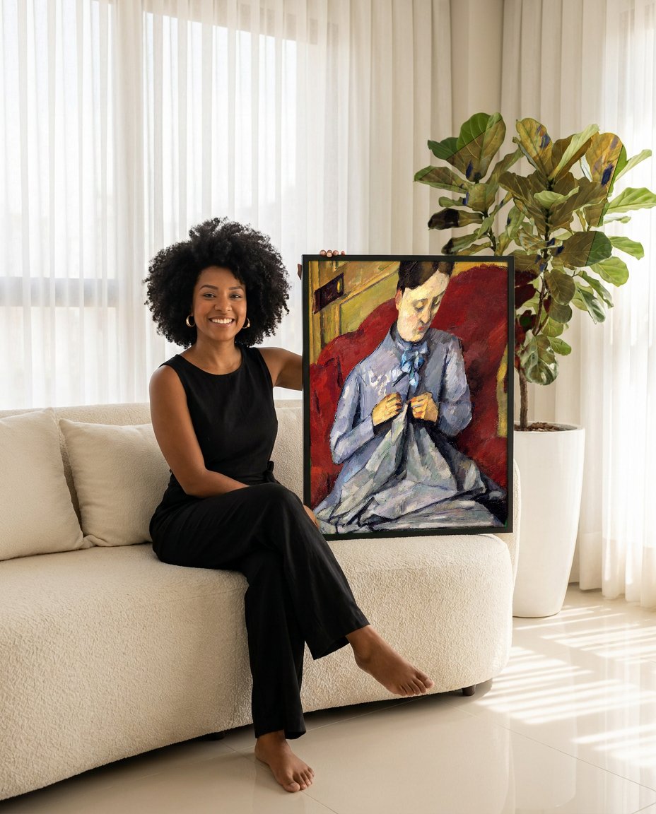 Quadro Decorativo A Costureira - Paul Cézanne com modelo em ambiente