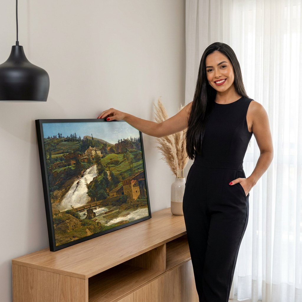 Quadro Decorativo A Cascata de Gastein - F. G. Waldmüller | modelo apresentando o quadro emoldurado