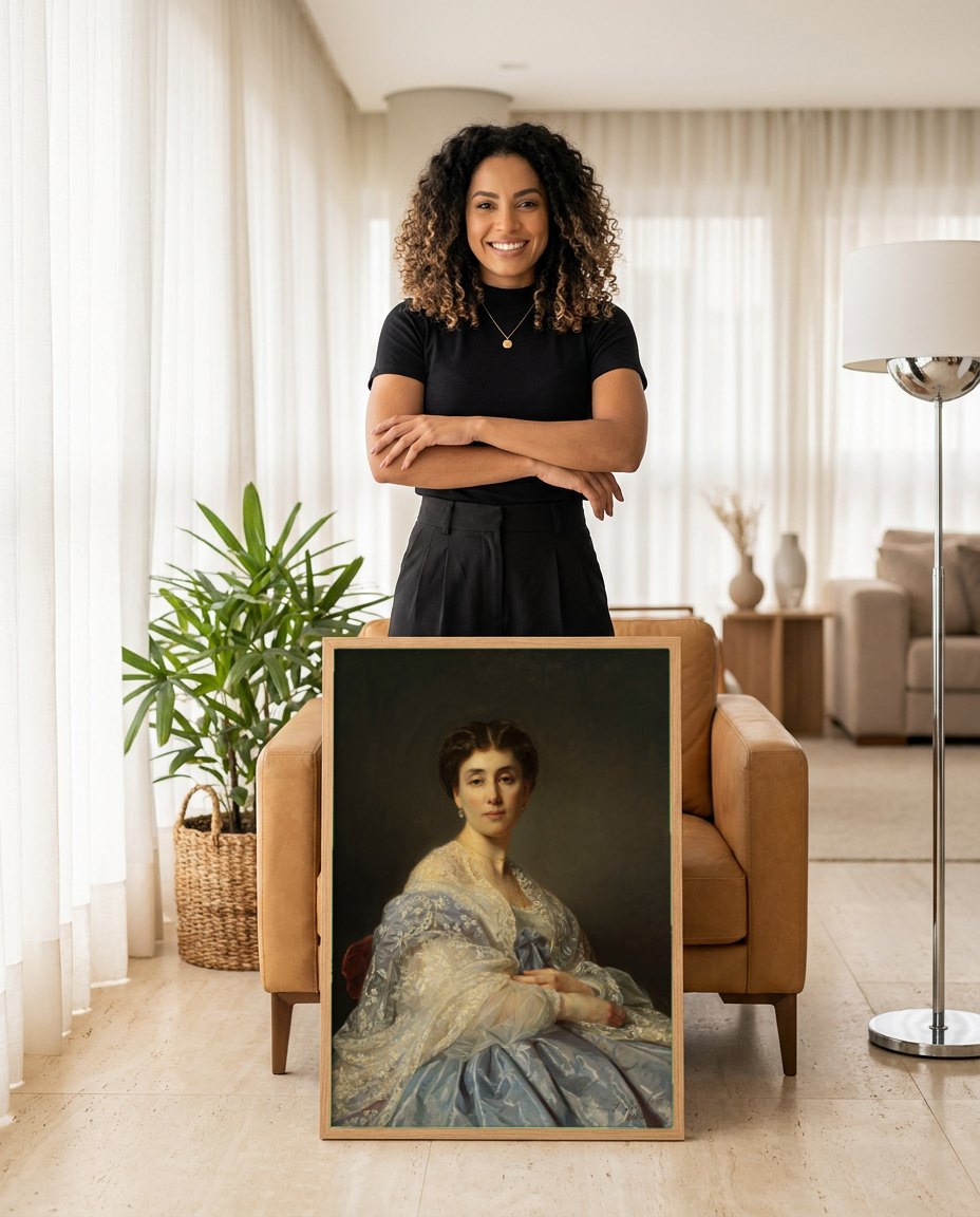 Quadro Decorativo Retrato Feminino - Józef Simmler | modelo apresentando o quadro emoldurado