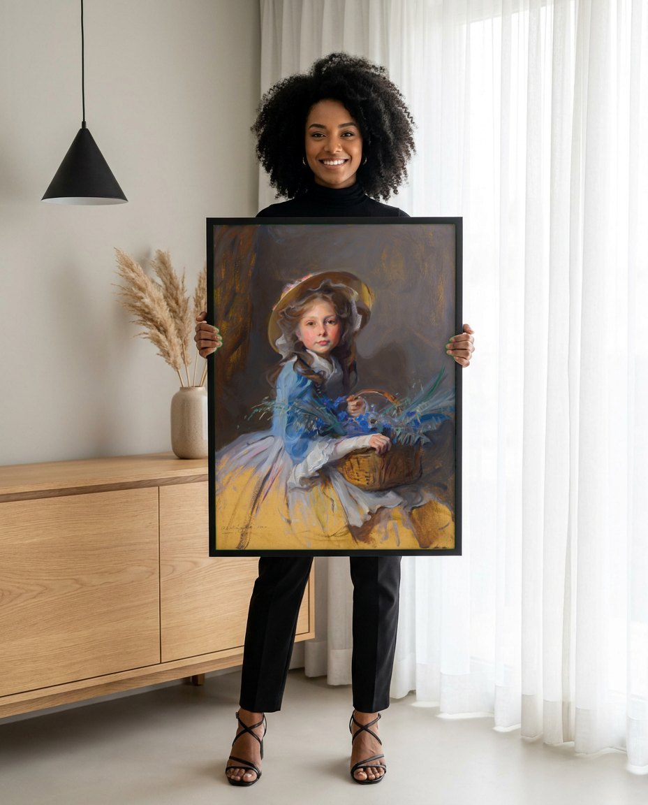 Quadro Decorativo Criança com Cesta de Flores - Philip de László | modelo apresentando o quadro emoldurado