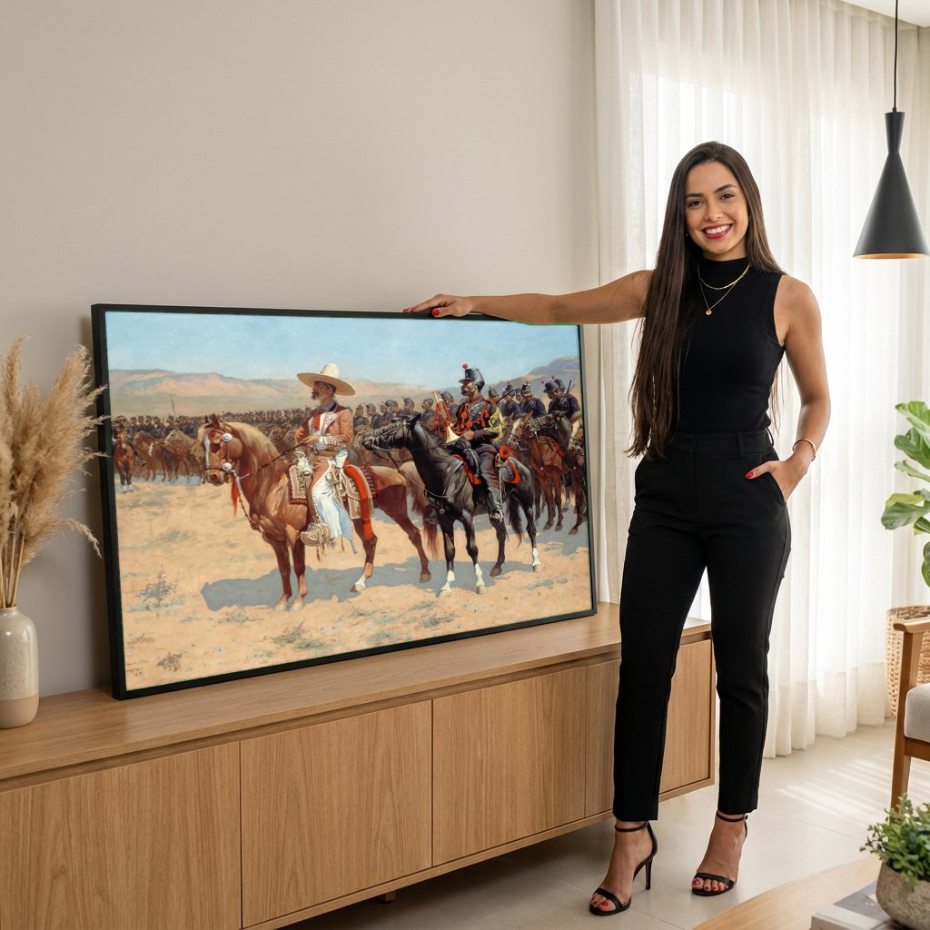 Quadro Decorativo A Cavalaria Mexicana - Frederic Remington | modelo apresentando o quadro emoldurado