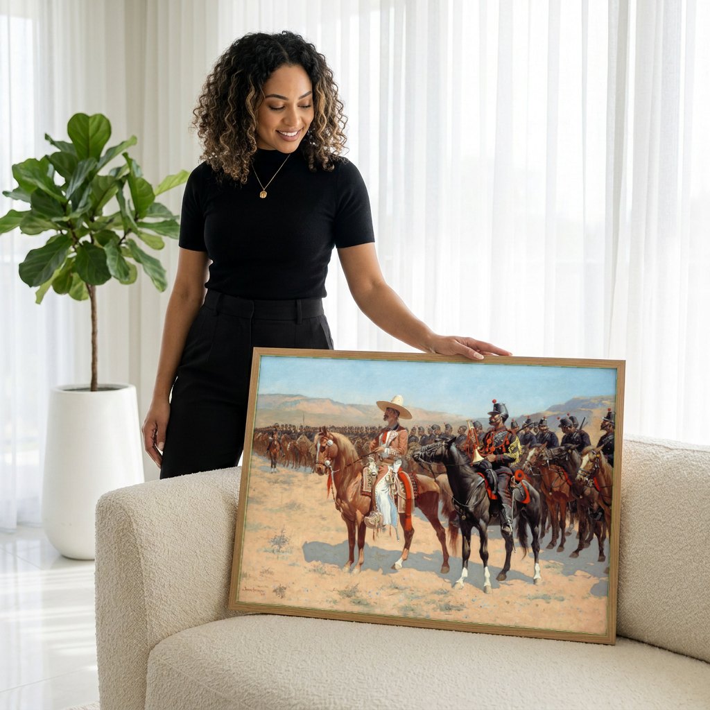 Quadro Decorativo A Cavalaria Mexicana - Frederic Remington | modelo apresentando o quadro emoldurado