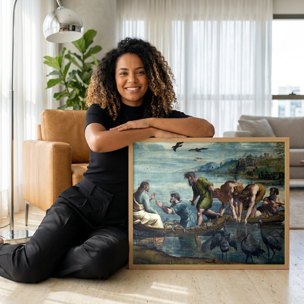 Quadro Decorativo A Pesca Milagrosa - Raffaello | modelo apresentando o quadro emoldurado