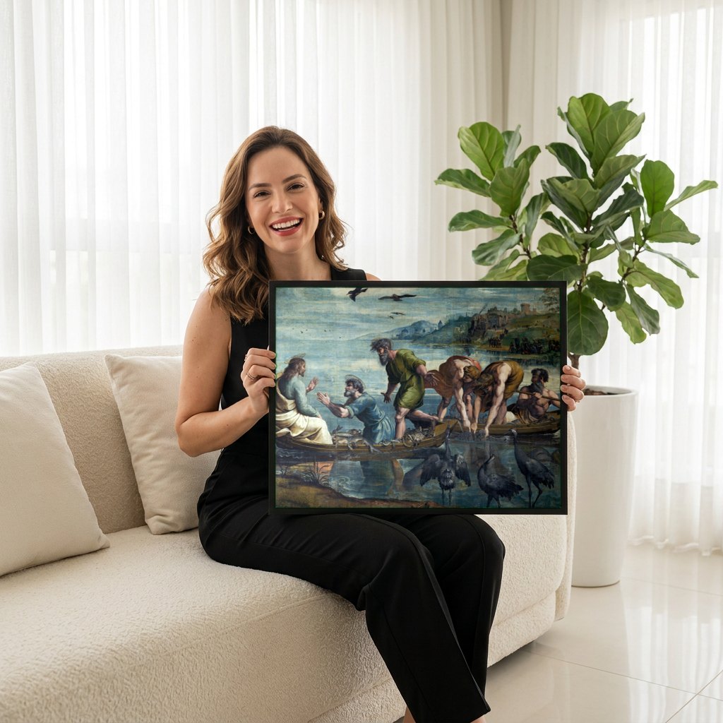 Quadro Decorativo A Pesca Milagrosa - Raffaello | modelo apresentando o quadro emoldurado