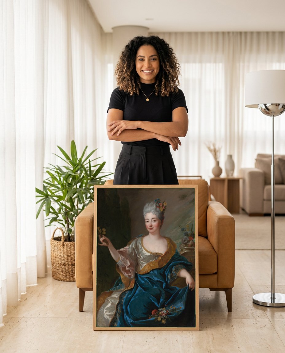 Quadro Decorativo Dama com Flores – Jean François de Troy | modelo apresentando o quadro emoldurado