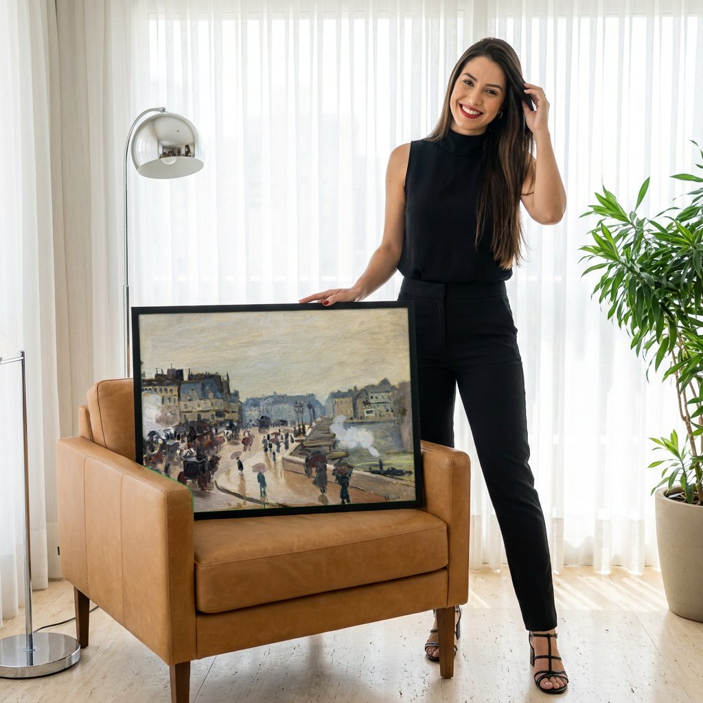 Quadro Decorativo A Ponte Nova (Pont Neuf) - Monet | modelo apresentando o quadro emoldurado
