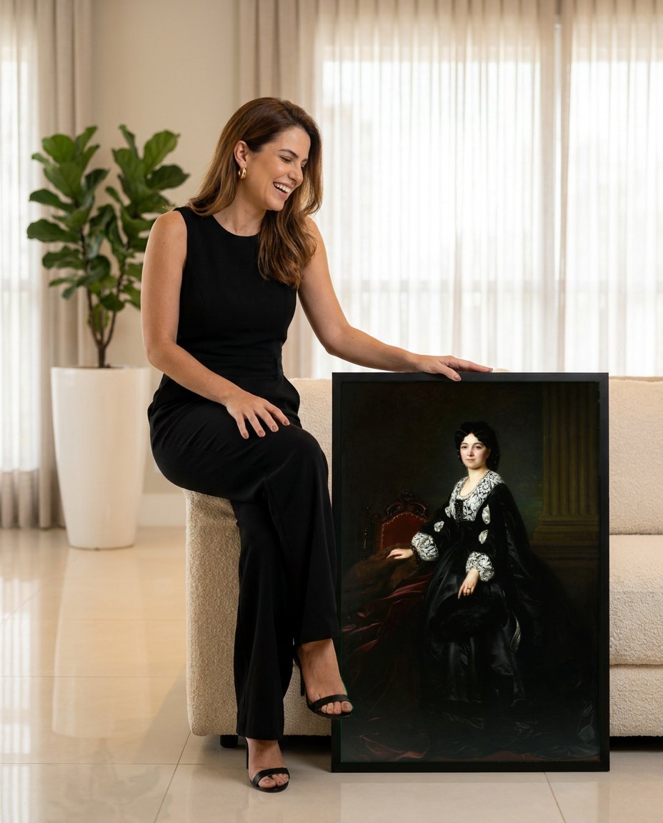 Quadro Decorativo Retrato de Dama - Józef Simmler | modelo apresentando o quadro emoldurado