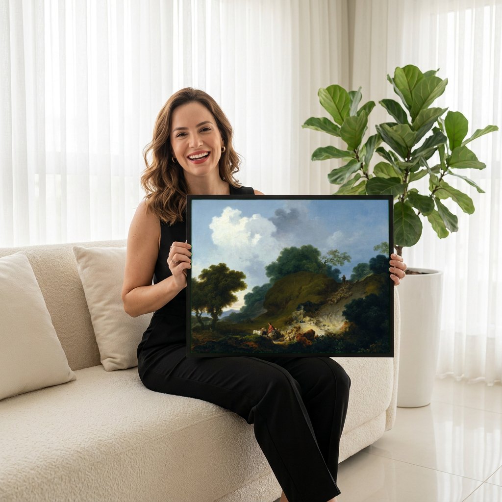 Quadro Decorativo A Partida do Rebanho - Fragonard | modelo apresentando o quadro emoldurado