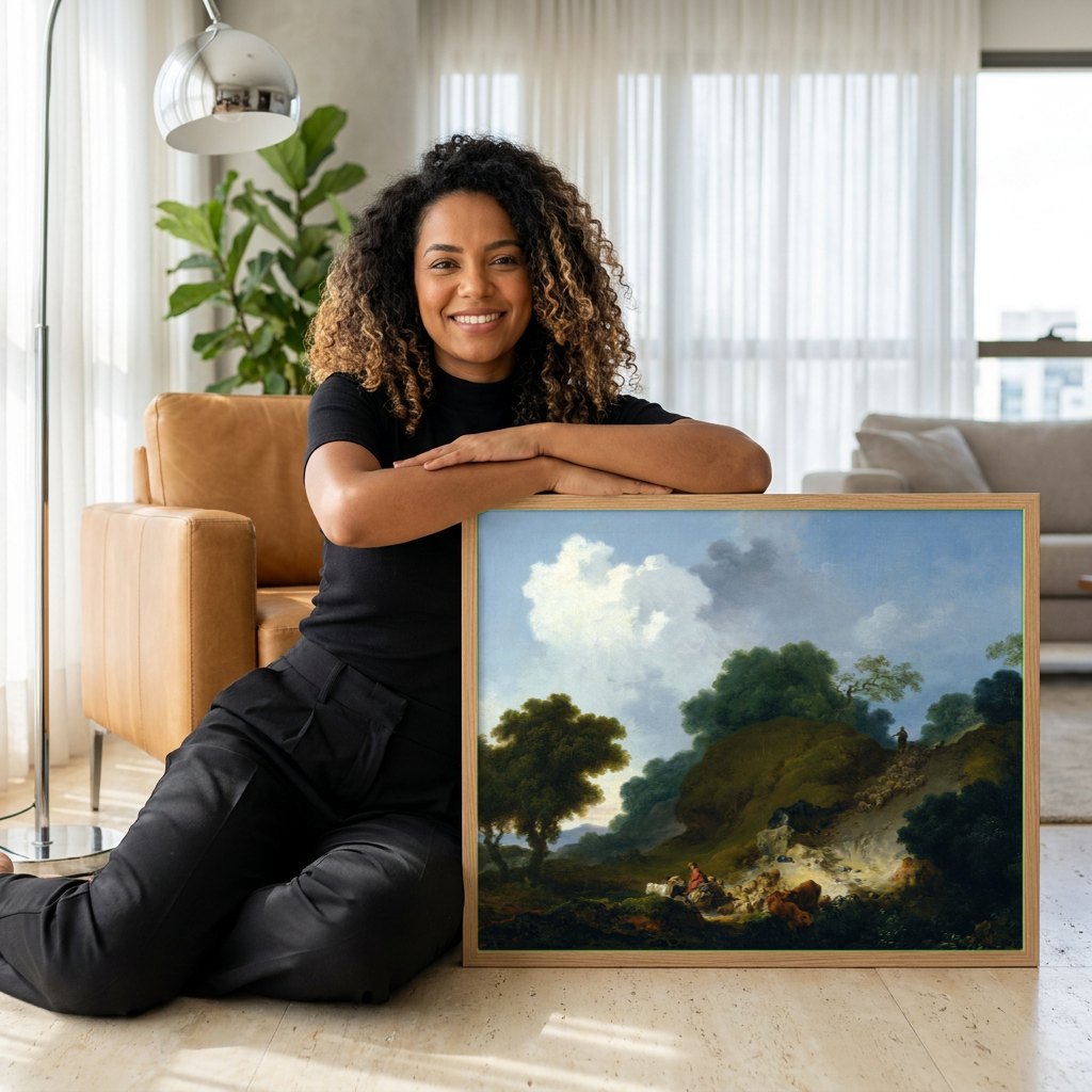 Quadro Decorativo A Partida do Rebanho - Fragonard | modelo apresentando o quadro emoldurado