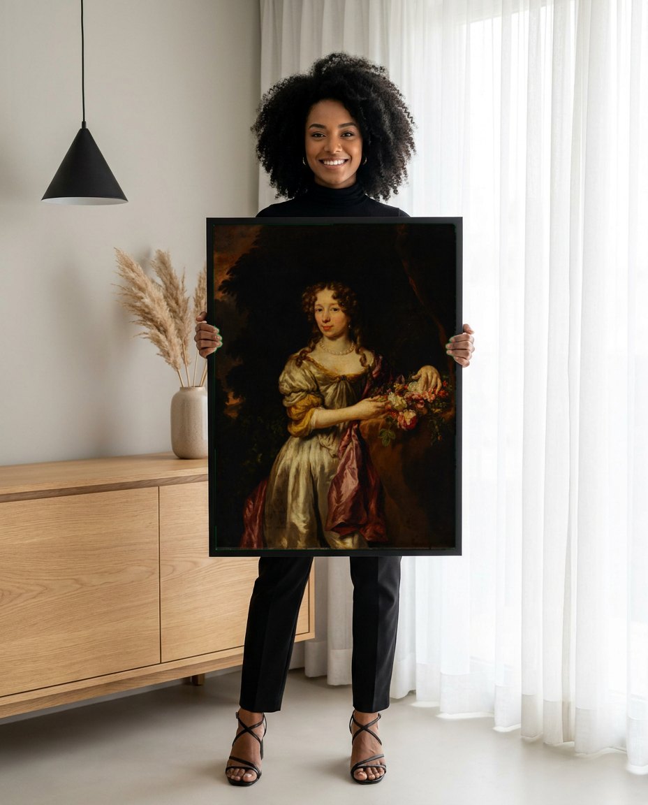 Quadro Decorativo Retrato Feminino com Flores - Nicolaes Maes | modelo apresentando o quadro emoldurado