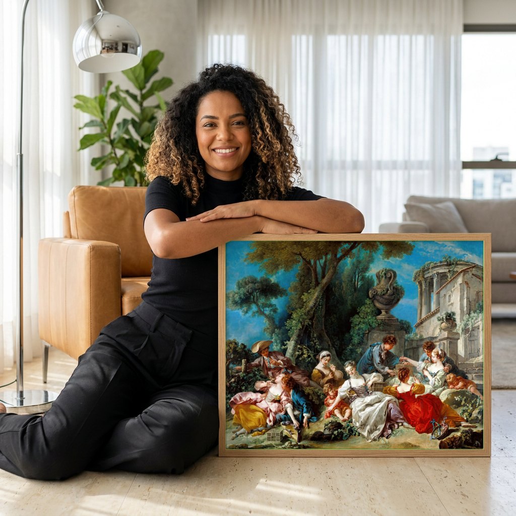 Quadro Decorativo A Gaiola de Pássaros - François Boucher | modelo apresentando o quadro emoldurado