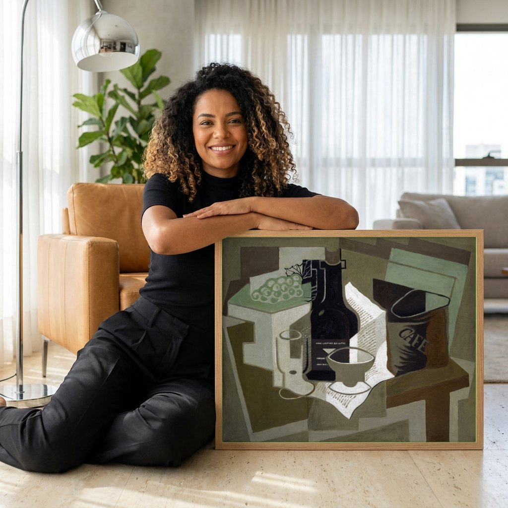 Quadro Decorativo Natureza-morta com Cafeteira - Juan Gris | modelo apresentando o quadro emoldurado