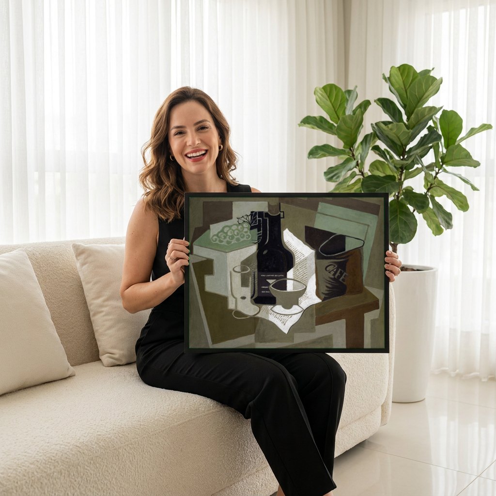 Quadro Decorativo Natureza-morta com Cafeteira - Juan Gris | modelo apresentando o quadro emoldurado