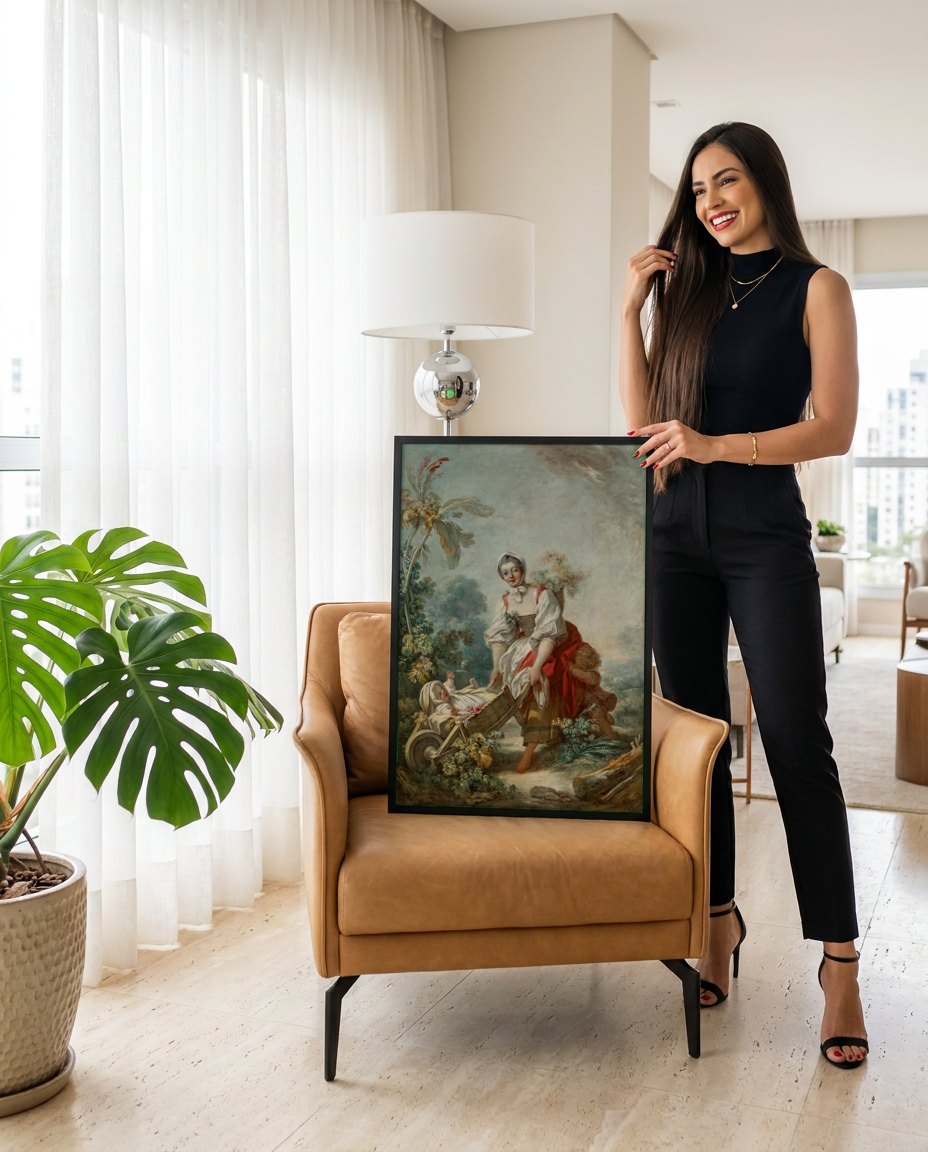 Quadro Decorativo A Carroça da Criança - Fragonard | modelo apresentando o quadro emoldurado
