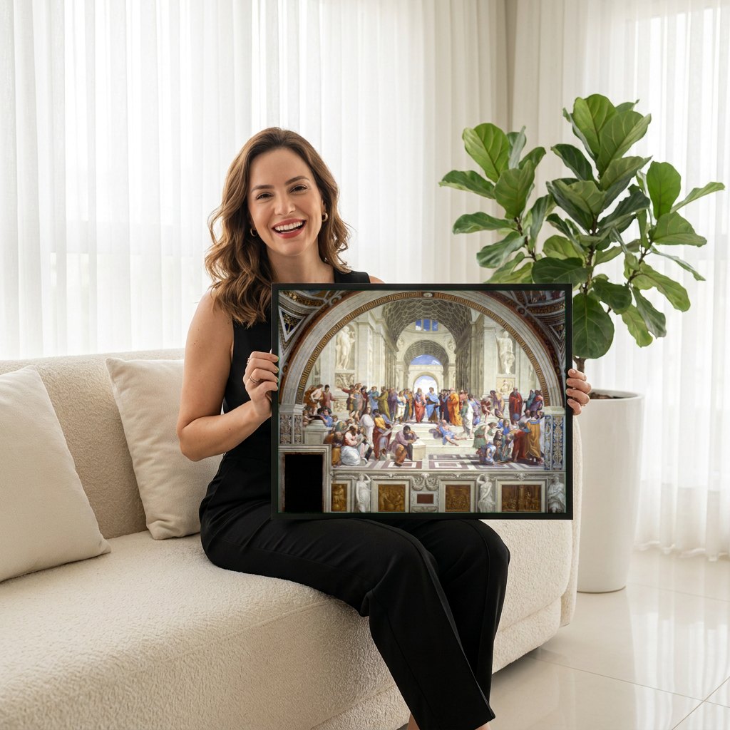 Quadro Decorativo A Escola de Atenas - Rafael | modelo apresentando o quadro emoldurado