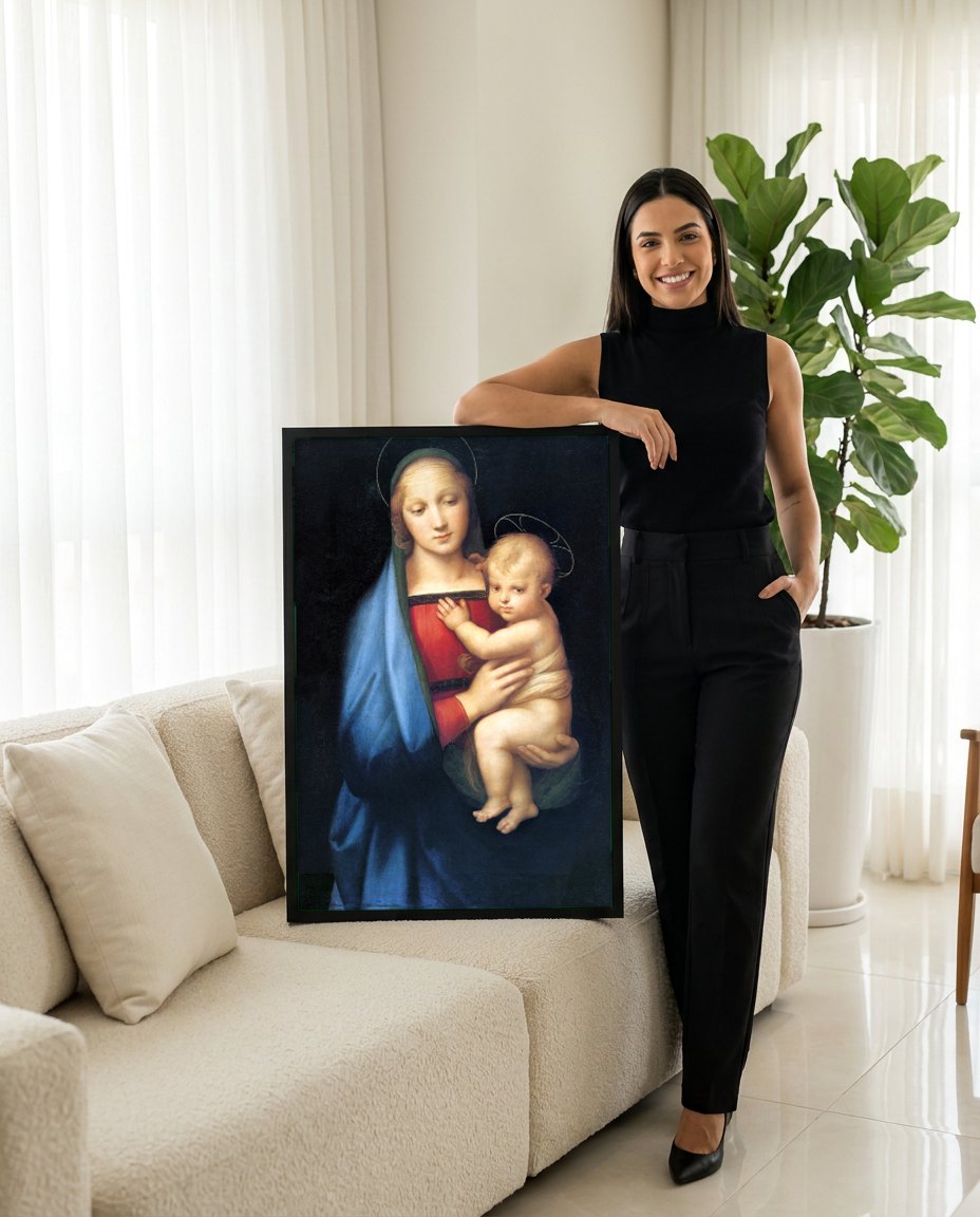 Quadro Decorativo Madonna e o Menino - Rafael | modelo apresentando o quadro emoldurado