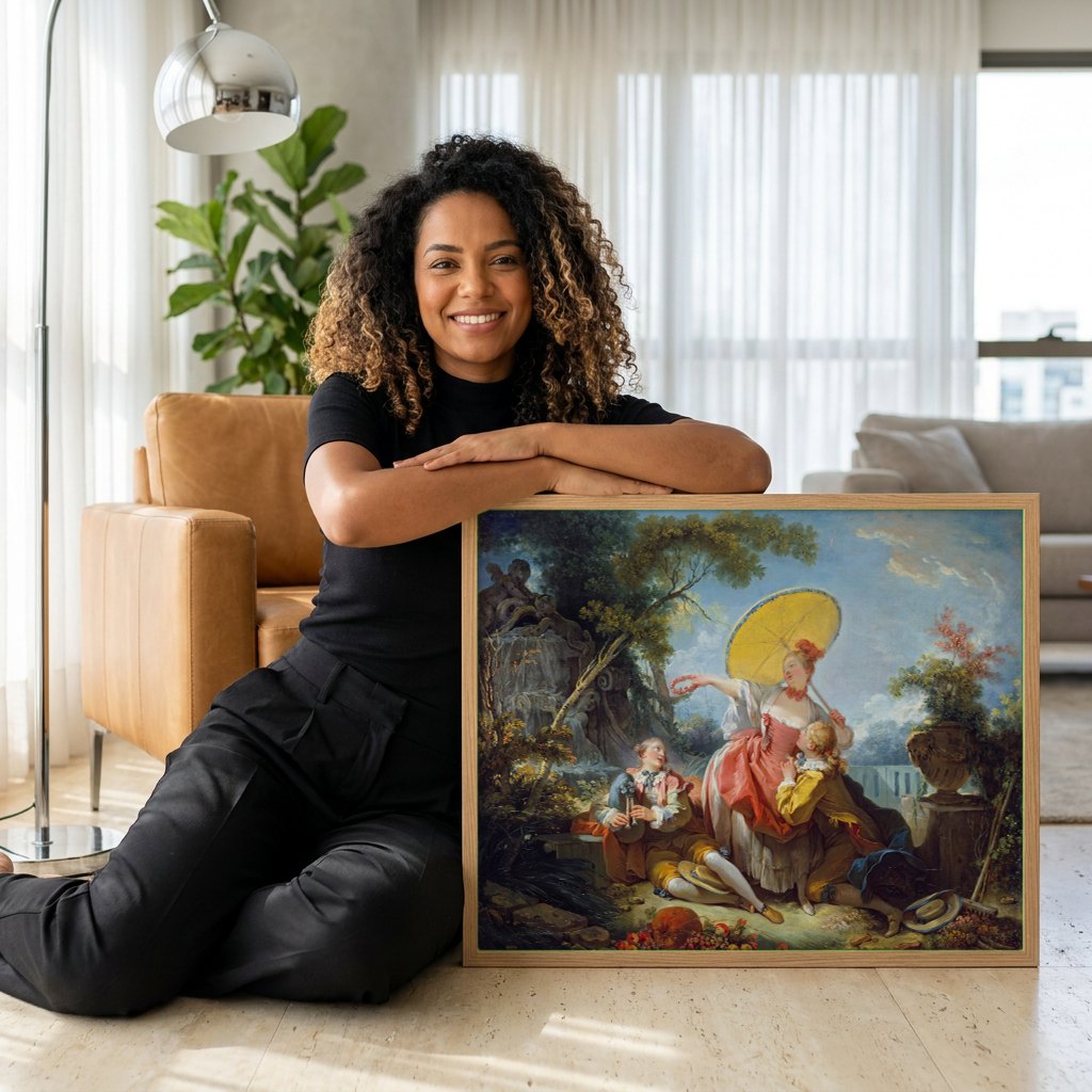 Quadro Decorativo A Coroacao do Amante - Fragonard | modelo apresentando o quadro emoldurado