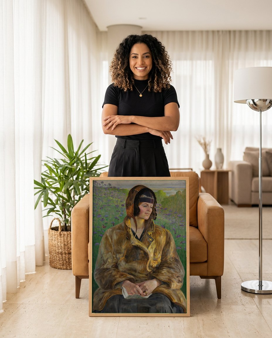 Quadro Decorativo A Mulher no Campo de Flores - Jacek Malczewski | modelo apresentando o quadro emoldurado