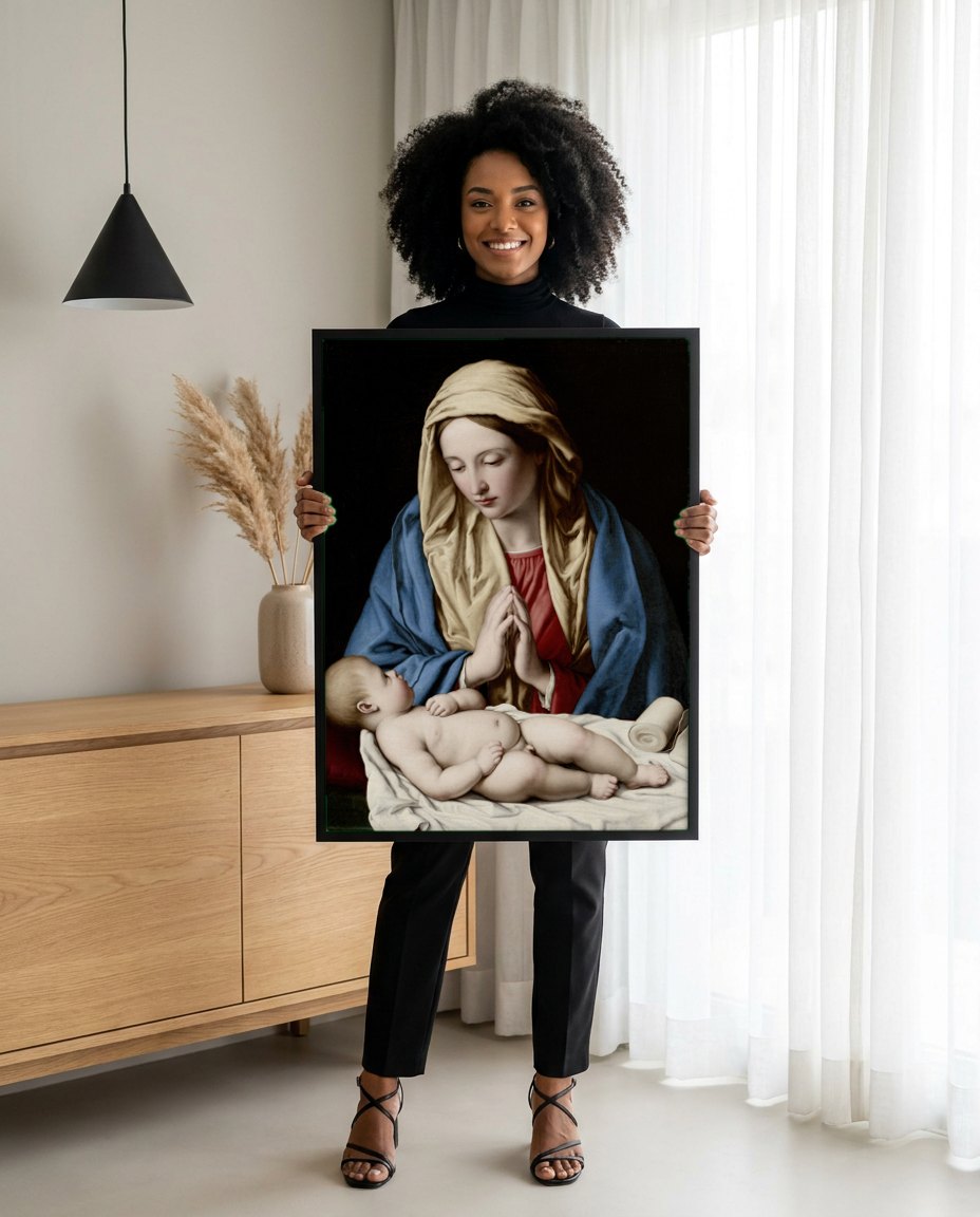 Quadro Decorativo A Virgem Orante - Sassoferrato | modelo apresentando o quadro emoldurado