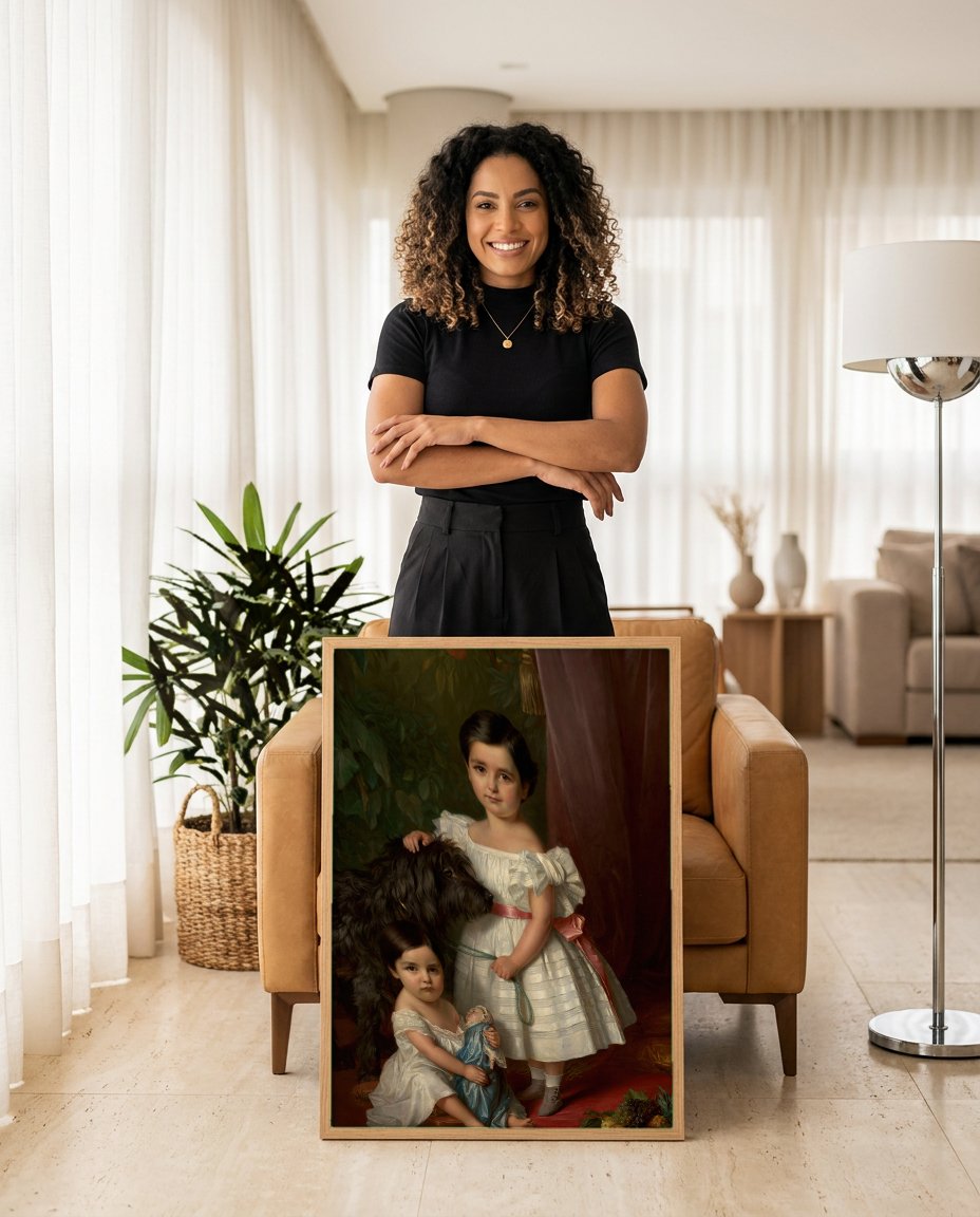 Quadro Decorativo Crianças e Cão – Józef Simmler com modelo em ambiente