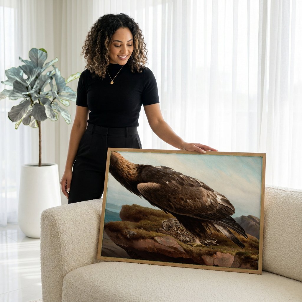 Quadro Decorativo Águia Real e Tetraz - Ferdinand von Wright com modelo em ambiente