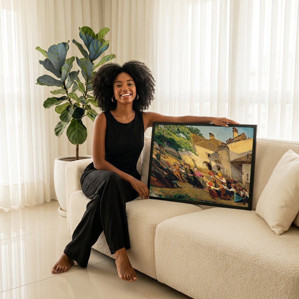 Quadro Decorativo A Festa da Colheita - Ferdinand Georg Waldmüller com modelo em ambiente