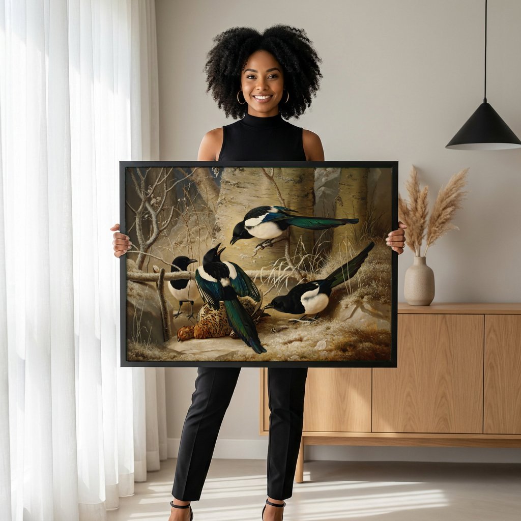 Quadro Decorativo Pássaros no Inverno - Ferdinand von Wright com modelo em ambiente