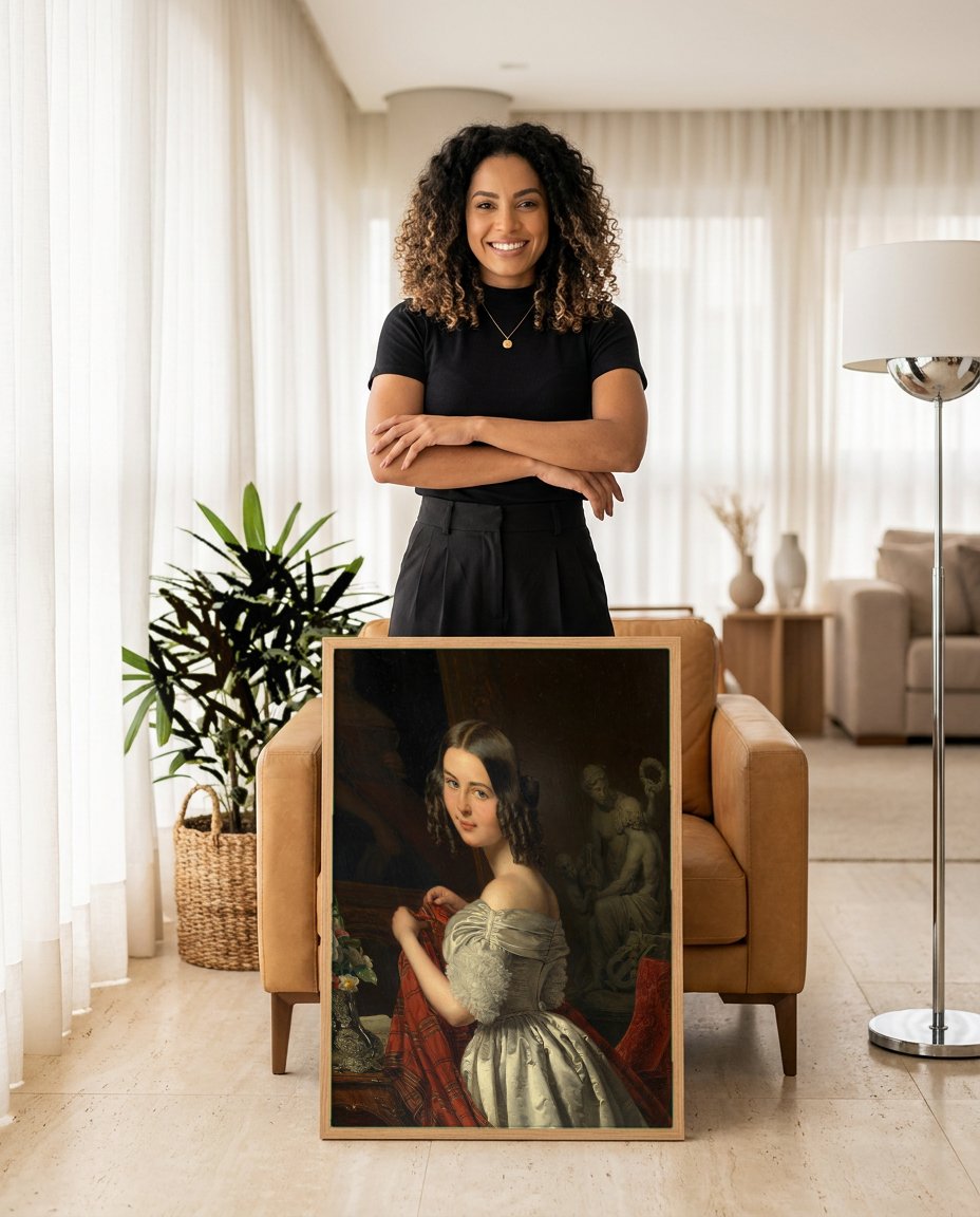 Quadro Decorativo A Jovem Costureira - Ferdinand Georg Waldmüller com modelo em ambiente
