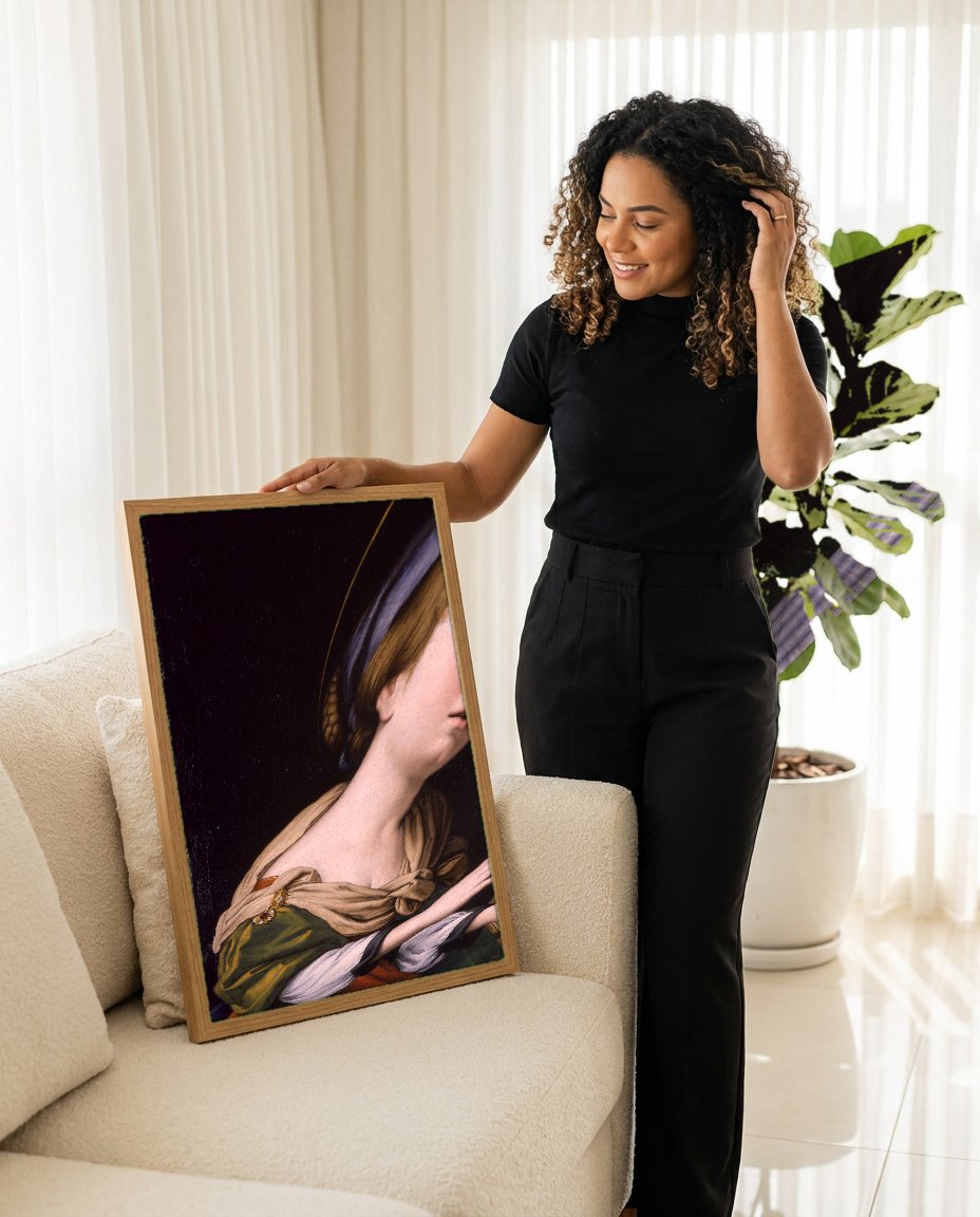 Quadro Decorativo Santa Cecília - Sassoferrato com modelo em ambiente
