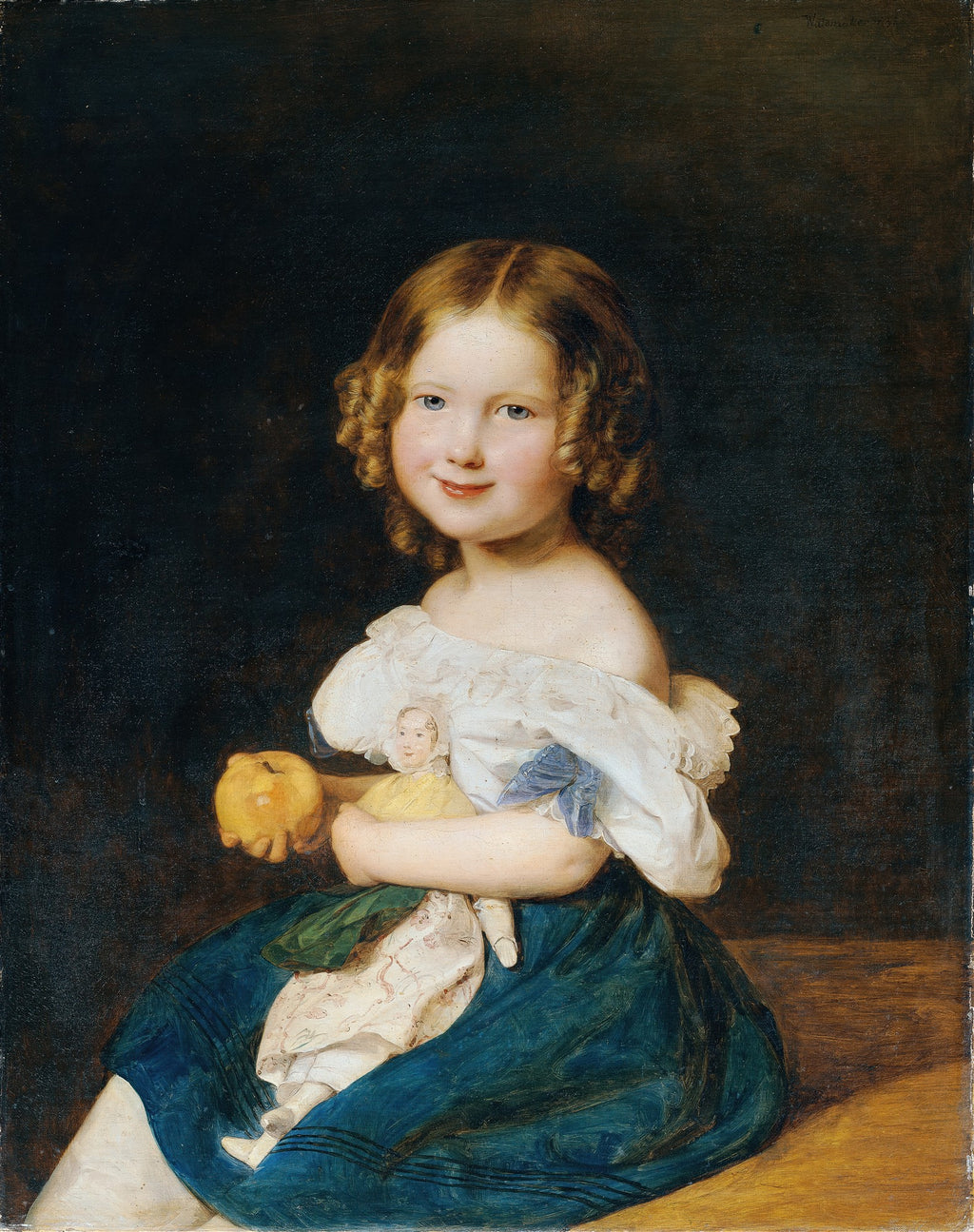 Retrato de uma menina de cachos dourados, segurando uma maçã e uma boneca, pintado por Ferdinand Georg Waldmüller.