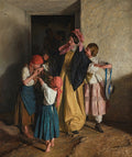 Pintura a óleo de Ferdinand Georg Waldmüller, "A Visita", retratando uma mulher bem vestida sendo cumprimentada por crianças e outras figuras em um ambiente interno escuro. A luz entra pela direita, iluminando o grupo central. As cores são terrosas e os detalhes das vestimentas são notáveis. Cenário de interior com paredes texturizadas.