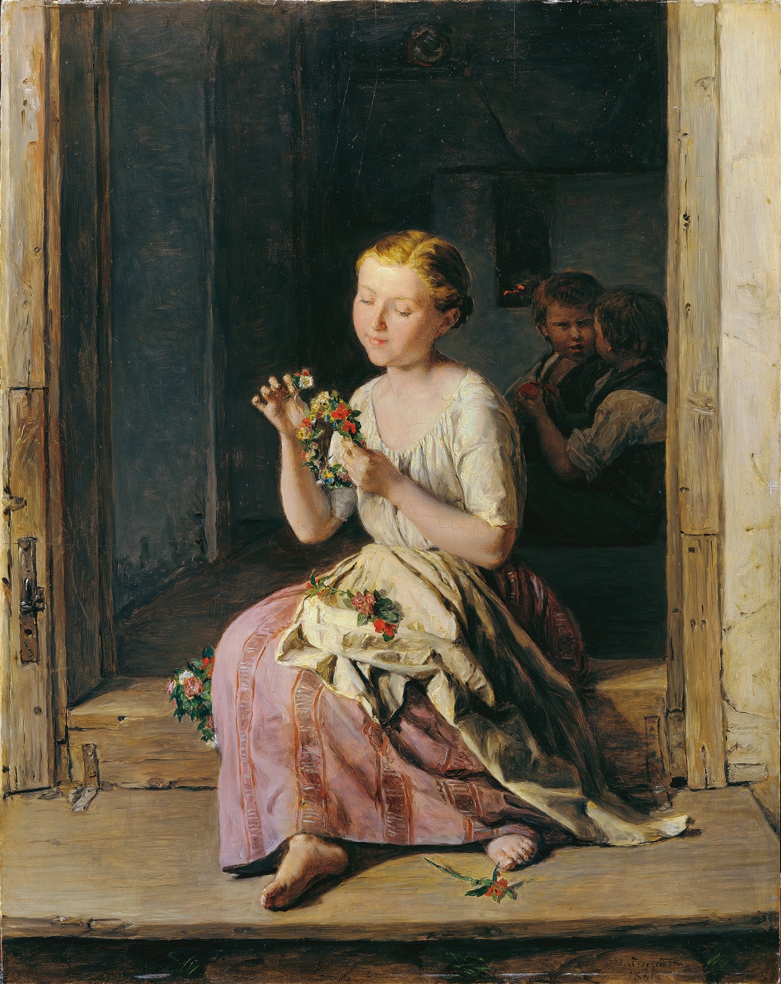 Quadro decorativo 'A Grinalda de Flores' de Ferdinand Georg Waldmüller, retratando uma jovem descalça fazendo uma grinalda de flores na soleira de uma porta, com duas crianças espiando ao fundo. Cena de gênero com cores suaves e realismo.