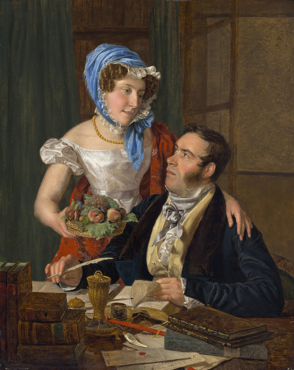 Quadro decorativo 'A Oferta Gentil' de Ferdinand Georg Waldmüller, representando uma mulher oferecendo frutas a um homem em seu escritório.