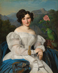 Retrato de uma senhora com papagaio em um cenário de montanhas, vestindo um vestido branco elegante e com um adorno dourado no braço, obra de Ferdinand Georg Waldmüller.