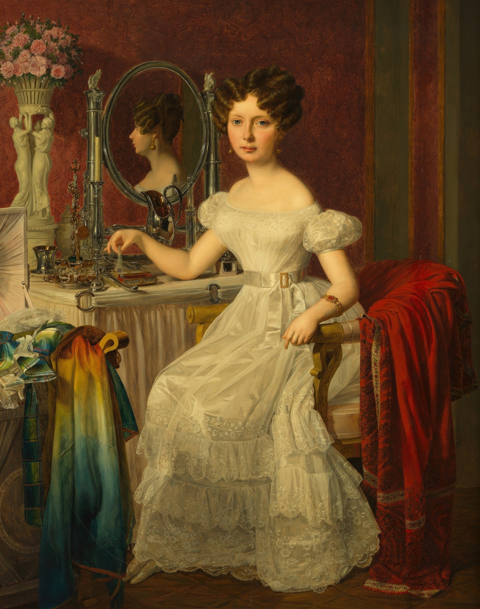 Quadro 'A Jovem Dama na Penteadeira' de Ferdinand Georg Waldmüller, retratando uma mulher em um vestido branco sentada em frente a uma penteadeira com um espelho.