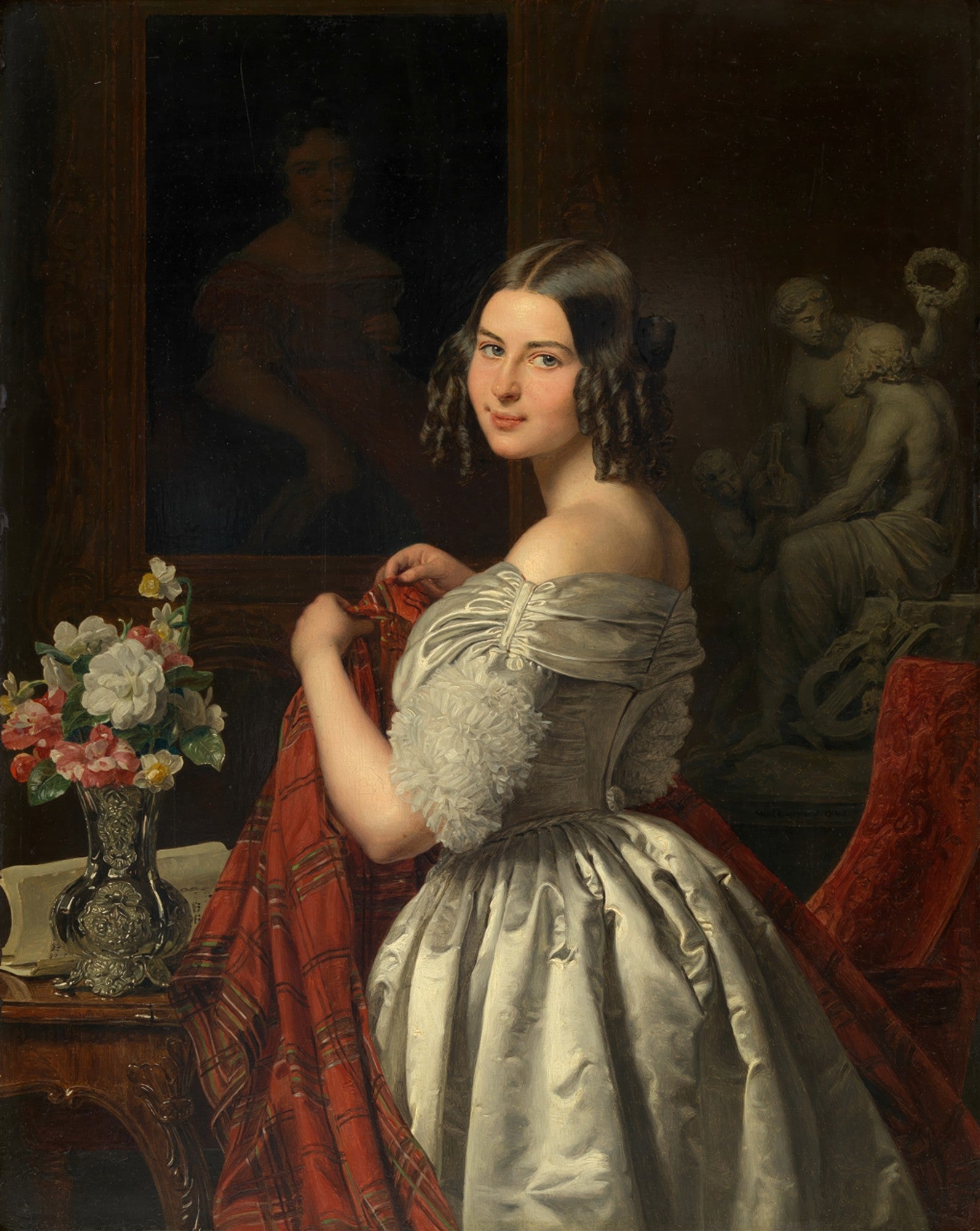 Retrato de uma jovem costureira em um vestido de cetim branco, segurando um tecido xadrez vermelho, com um olhar sereno. Pintura de Ferdinand Georg Waldmüller.