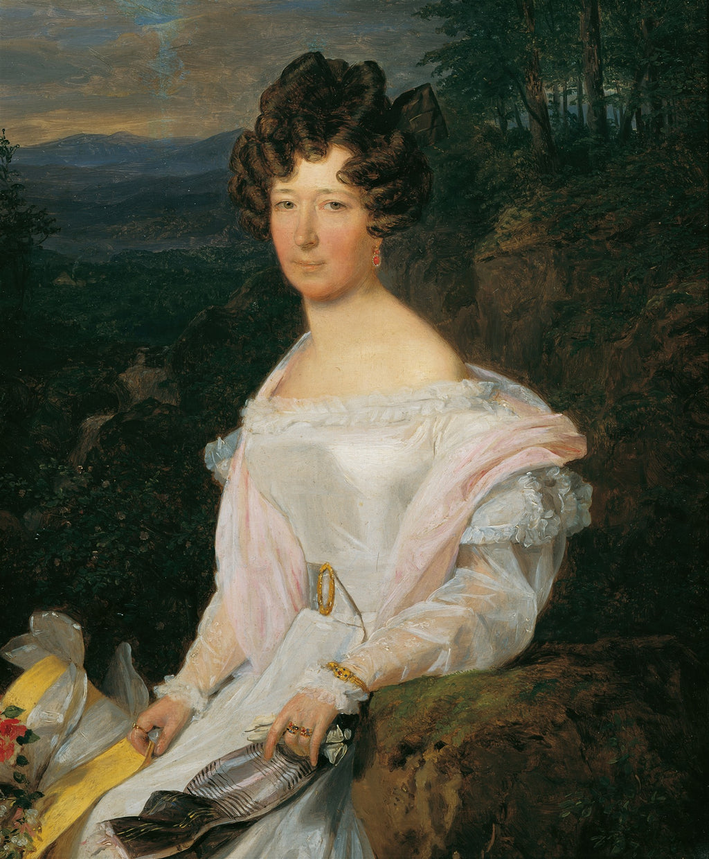 Retrato de uma mulher de cabelo encaracolado castanho, vestindo um vestido branco e xale rosa, sentada em um cenário natural com árvores e montanhas ao fundo. Obra de Ferdinand Georg Waldmüller.