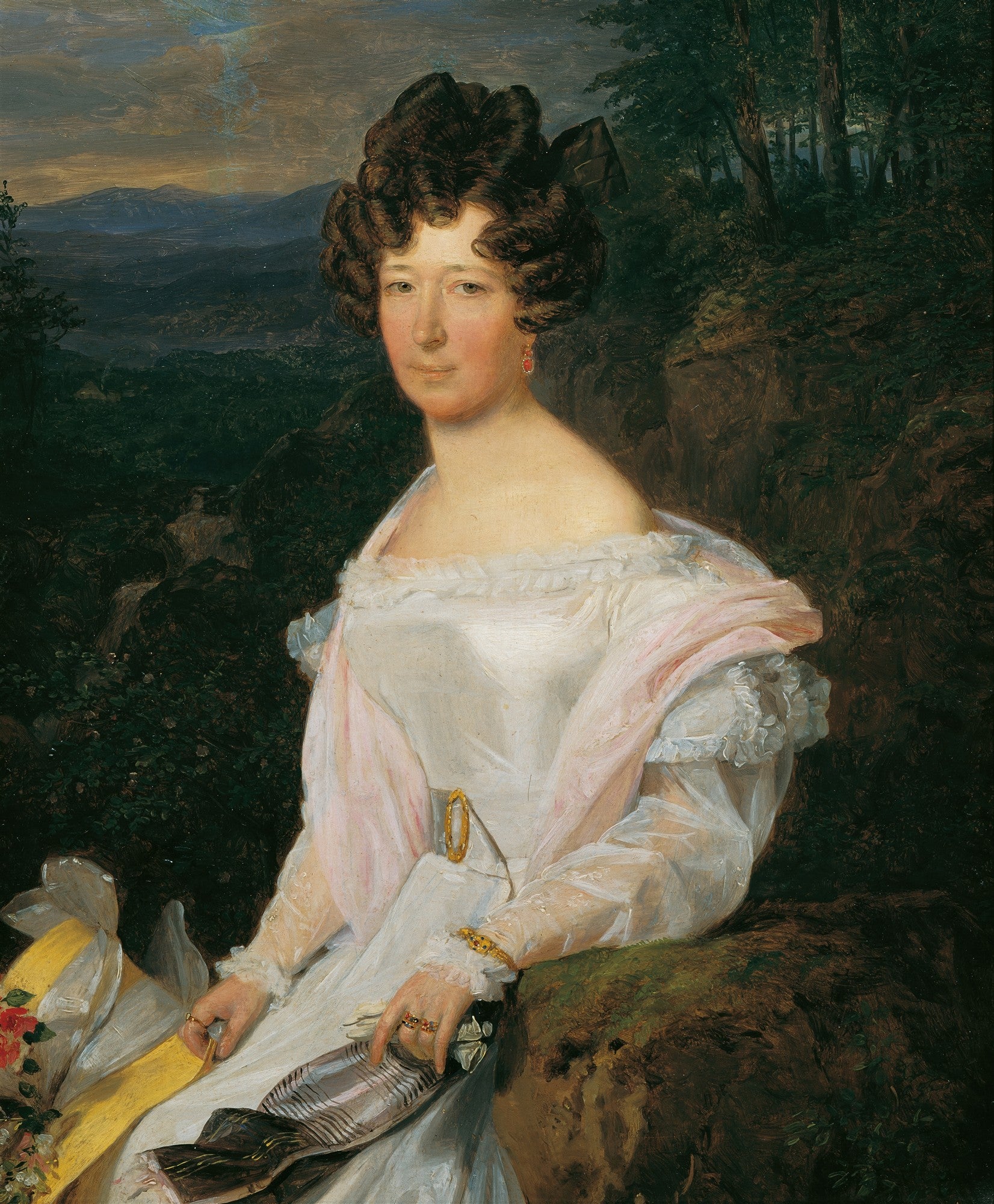 Retrato de uma mulher de cabelo encaracolado castanho, vestindo um vestido branco e xale rosa, sentada em um cenário natural com árvores e montanhas ao fundo. Obra de Ferdinand Georg Waldmüller.
