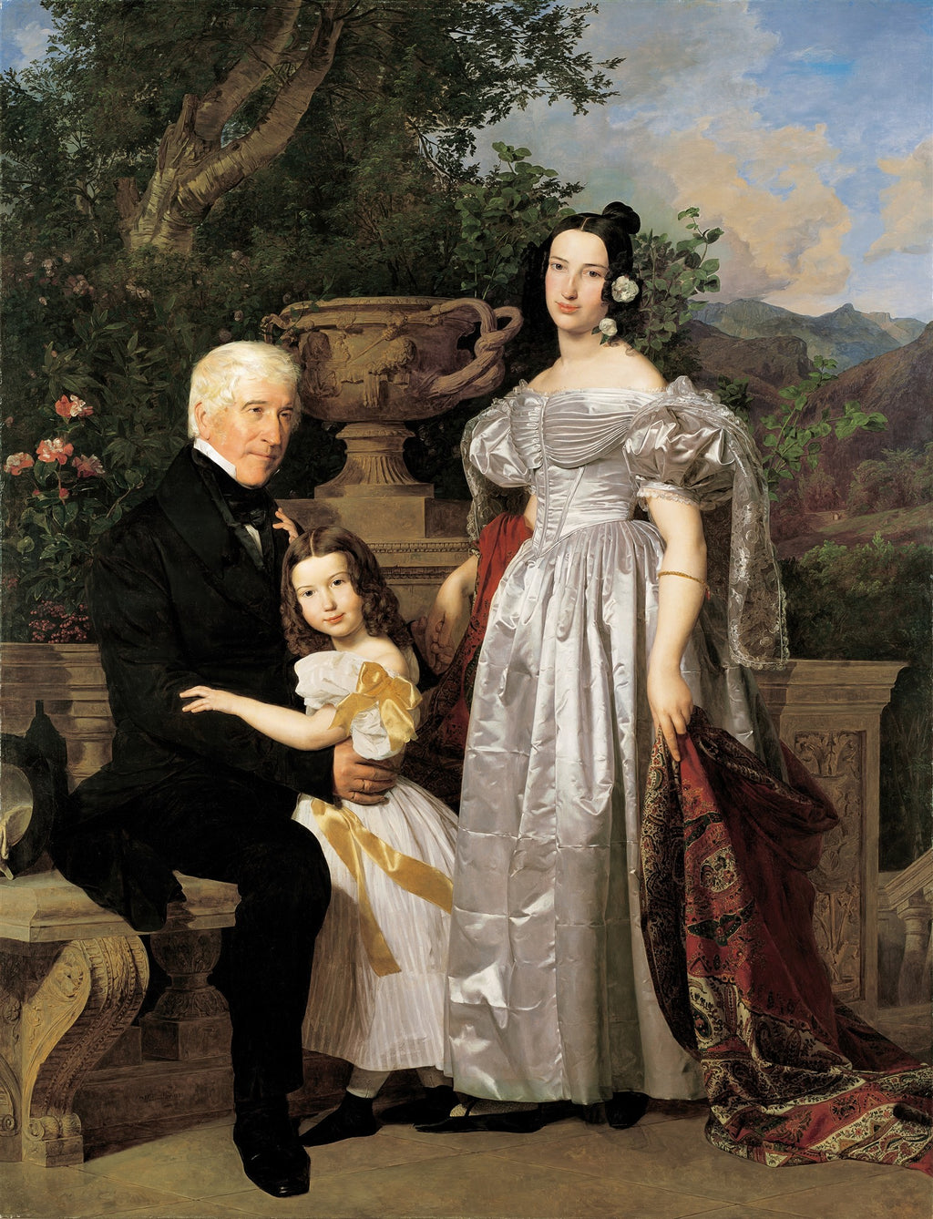 Retrato de família em jardim, com um homem idoso sentado, uma mulher em pé e uma criança entre eles. Atribuído a Ferdinand Georg Waldmüller.
