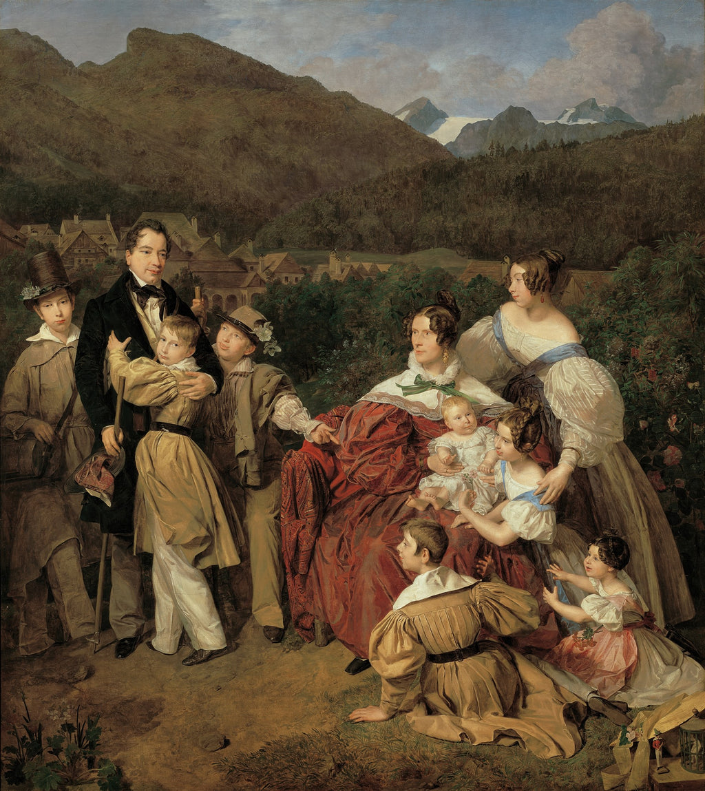 Retrato de família numerosa em paisagem montanhosa, com pai, mãe, e muitas crianças de diferentes idades. A cena é campestre, com vegetação e casas ao fundo.
